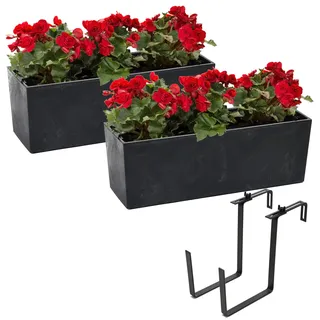 Set 2X Blumenkasten Balkonkaste mit Blumentopfeinsatz Beton Optik Schwarz 56x19 H19,5cm + Halterung Metall Schwarz