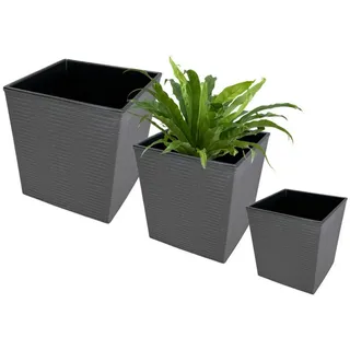 Engelland Pflanzkübel 3er Set Blumentöpfe aus recyceltem Kunststoff & Holz, WPC, Rillenoptik (Vorteils-Set, 3 St., UV-beständig, quadratisch, wetterfest), Blumenkübel für Garten, Balkon, Terrasse, Innen- und Außenbereich grau