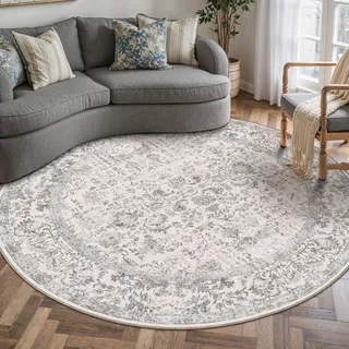 HUGEAR Grau Vintage Teppich Rund 150cm Waschbar | Waschbarer Runder Teppich,Rutschfester Kurzflor,für Wohnzimmer,Schlafzimmer,Esszimmer Büro,Carpet, Bedroom, Teppiche