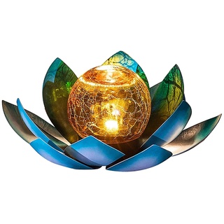SUAVER LED-Solar-Licht, Lotus-Licht, rissige Glaskugel, Blumenlampe, Outdoor-Gartendekoration, Solar-Gartenlicht, Metall-Laterne, Wasserlilie, LED-Licht, Außenleuchte, Tischlampe (blau)