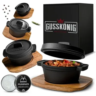 GUSSKÖNIG Schmortopf GUSSKÖNIG Dutch Oven Set Mini Topf 4Stk mit Deckel Holzbrett je 300 ml