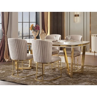 Casa Padrino Luxus Esszimmer Set Weiß / Grau / Gold - 1 Esstisch & 4 Esszimmerstühle - Moderne Esszimmer Möbel