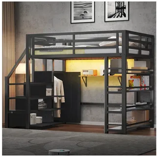 Odikalo Hochbett 140x200 mit LED Kleiderschrank und Lagerregal (Metall-Hochbett mit Ablagefächern, Schränken und Kleiderschrank, LED-Beleuchtung, Schwarz)