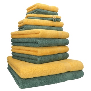 Betz 12-TLG. Handtuch Set Premium 100% Baumwolle 2 Duschtücher 4 Handtücher 2 Gästetücher 2 Seiftücher 2 Waschhandschuhe Farbe honiggelb/tannengrün