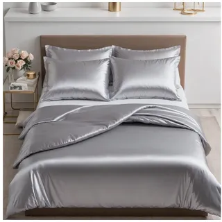 Cozyor Bettwäsche Satin glänzend 135x200, 155x200, 155x220, 200x200cm mit Reißverschluss, Satin, hellgrau Moonlight, 2 teilig, Edel und hochwertig grau