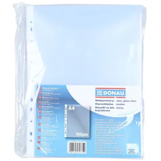 OFFICER PRODUCTS DONAU Prospekthüllen SUPER STARKE / 100 Stück/Din A4/ Glasklar Oben Offen Klarsichthüllen Sicht-Hüllen Gelochte Plastikhülle für Dokumente Papiere Akten Ordner/PP/Transparent 150 Mikron