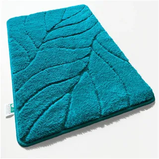 Floordirekt Badematte Maris – Flauschiger Badteppich, Blattstruktur, rutschfest & waschbar, rutschhemmend beschichtet, fußbodenheizungsgeeignet, schnell trocknend, Polyester, für Fußbodenheizung geeignet, dichter Flor, 80x150 cm, Türkis blau 80 cm x 150 cm
