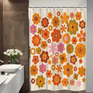 Retro Blumen Camper RV Duschvorhang für Reise Anhänger Badezimmer, Groovy 70er Jahre Funky Boho Camping Klein Kürzer Stoff Duschvorhänge Set, Happy Camp Outdoor Decor Zubehör mit Haken 119,8 x 163,2