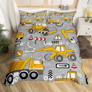 Jungen Cartoon Auto Bettbezug 155x220 Kinder Baufahrzeuge Bettwäsche Set für Kleinkind,Ausrüstung Lkw Tröster Abdeckung Maschinerie Traktor Bett,Gelbe und Graue Bettwäsche (Reißverschluss Verschluss)