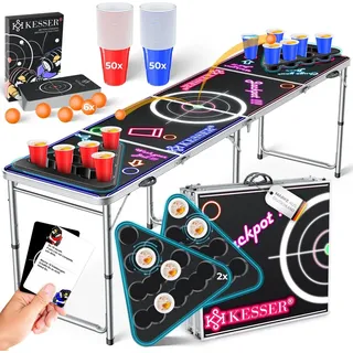 Kesser KESSER® Bier Pong Tisch Set mit Kartenspiel Trinkspiel inkl. 100 Becher 6 Bälle + Regelwerk Partyspiele Table Höhenverstellbar Klappbarer ohne oder mit LED