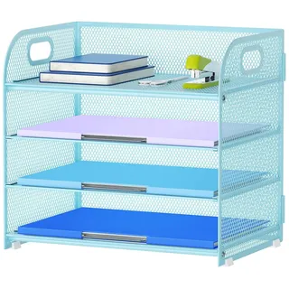 Marbrasse Schreibtisch Ablagen Organizer,4-Stufige Brief Papier Ablage mit Griff,Metall Gitter Design für Schreibtisch,Büro,Hause,Aufbewahrung für A4 Dateien und Dokumenten (Blau)