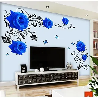 HALLOBO® Wandtattoo Blau Rosen Ranke XL Blumen Wandaufkleber Wandsticker Wohnzimmer Schlafzimmer Deco Wall Sticker Dekor