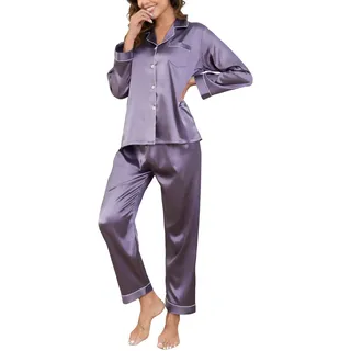 Reliwel Satin Schlafanzug Damen Langarm Pyjama Set mit Knopfleiste V-Ausschnitt Zweiteiliger Nachtwäsche Weiche Seiden Pyjamas Klassische Loungewear Hausanzug Pjs Lila, XL - XL