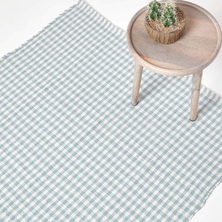 Homescapes Karierter Teppich/Bettvorleger Gingham 60 x 90 cm, waschbarer Baumwollteppich mit Karo-Muster im Landhausstil, 100% Baumwolle, blau