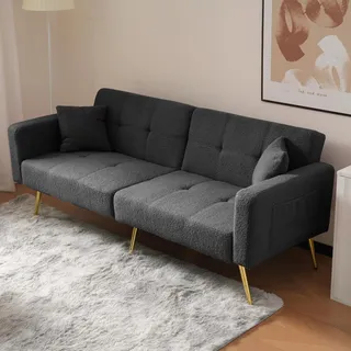 Merax Schlafsofa 2-Sitzer Sofa mit Schlaffunktion, Klappsofa mit unabhängig verstellbaren Doppelrückenlehnen - Sofabett aus Sherpa-Stoff, für Wohnzimmer/Schlafzimmer/Gästezimmer, Grau