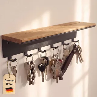 Astrein® | Schlüsselbrett mit 6 Haken | Schlüsselboard aus Holz | Eiche | Wandorganizer | Schlüsselkasten | Schlüsselhalter mit Ablage | Schlüsselaufbewahrung Metall schwarz | 30x8x8cm