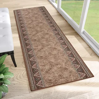 TAPISO Anti Rutsch Teppich Läufer rutschfest Brücke Meterware Oriental Floral Design Meliert Braun Beige Flur Küche Wohnzimmer 67 x 140 cm