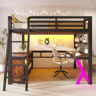 BTM Hochbett Jugendliche 140x200 mit Stauraum, Schreibtisch & LED Schwarz