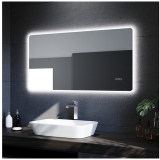 SONNI Badspiegel Badspiegel mit LED Uhr Temperaturanzeige 120x60 cm Badezimmerspiegel, IP44 Energiesparend Wandspiegel mit Beleuchtung Lichtspiegel