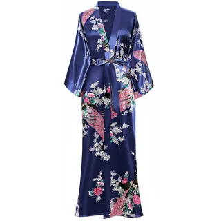 BABEYOND Damen Morgenmantel Maxi Lang Seide Satin Kimono Kleid Pfau Muster Kimono Bademantel Damen Lange Robe Schlafmantel Girl Pajama Party (Dunkelblau) - Einheitsgröße