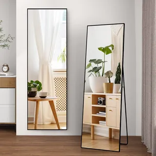 Henunem 164 x 54 cm Standspiegel, Robust Ganzkörperspiegel mit Minimalistische Schmaler Aluminiumrahmen, Modern Großer Wandspiegel Stehend oder Hängend für Wohnzimmer und Schlafzimmer, Schwarz