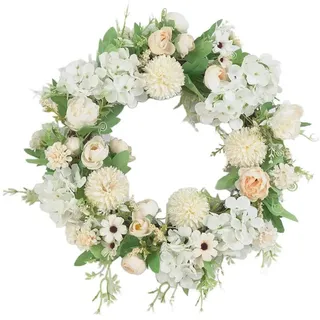 Künstliche Türkranz Deko,15.7 Zinch Weiß Hortensie und Pfingstrose Blumenkranz Dekoration Tür Blume Girlande Hängende Pflanze Ostern Dekoration Blume Vordere Türkränze Für Frühling und Sommer