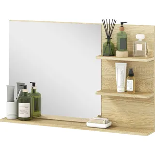 kleankin Badezimmerspiegel Modern mit 2 Seitlichen Regalen und Unterem Regal, Wandspiegel aus MDF und Glas, 75x10x48 cm, Holzfarbe   Aosom