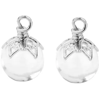 Mini-Glaskugel-Anhänger, befüllbar, Wunschflasche, transparent, mit Kappe mit silberfarbigem Blumenmotiv, 2 Stück