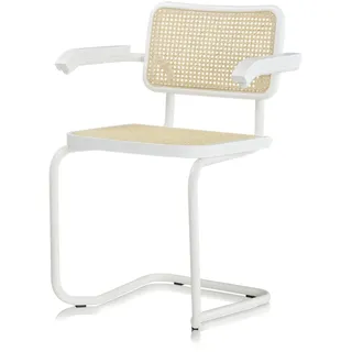 KHG Schwingstuhl Freischwinger, Küchenstuhl, Geflecht, Küchenstuhl Design | mit Armlehnen weiß Made in Italy, Rückenlehne und Sitzfläche aus Massivholz Buche und Rattan, Esszimmerstuhl