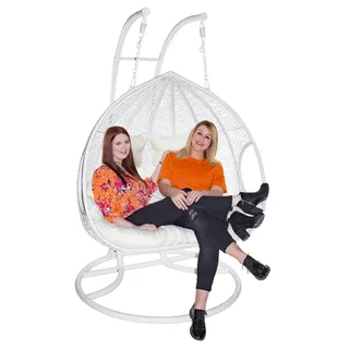 Estexo® Hängesessel mit Gestell für Zwei Personen, Polyrattan Hängekorb, Zweisitzer (Weiß/Vanille)