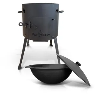 Utschak Feuerofen mit Gusseisen Topf flacher Boden mit Deckel (10 L) Kazan KazanoFF, Учаг, Outdoor, Feuerschale, Camping, Kasan, Gulaschkanone Dutch Oven (Set2)