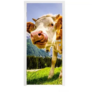 MuchoWow Türtapete Kühe - Berge - Gras - Landschaft - Alpen, Matt, bedruckt, (1 St), Türfolie Selbstklebend, Türtapete, Türdeko Poster, 95x235 cm bunt 95 m x 235 m