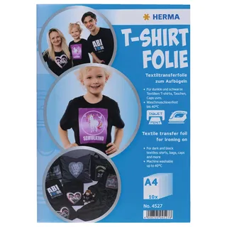 HERMA Transferpapier für dunkle Textilien, A4 Inkjet Bügelpapier zum Bedrucken & Aufbügeln, 10 Blatt, Transferfolie für schwarzen Stoff, Bügelfolie zum Selbstgestalten, Bedruckbare T-Shirt Textilfolie