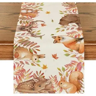 Sikahirsch Eichhörnchen Vögel Tischläufer Herbst 40x140 cm Beige