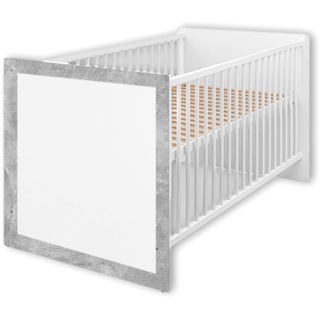 TIMO Sicheres Babybett mit 70 x 140 cm Liegefläche - Schönes Baby Gitterbett für einen geborgenen Schlaf in Beton-Optik, Weiß - 77 x 78 x 144 cm (B/H/T)