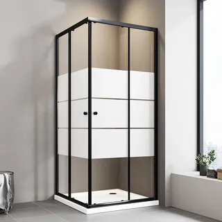 Duschkabine 75x90 cm Schwarz Schiebetür Eckeinstieg Duschkabine mit Schiebetüren 6mm ESG Milchglas Streifen Duschschiebetür Eckeinstieg Duschabtrennung Duschwand Höhe 185cm