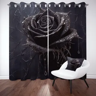 Wlujhia Schwarz Rose Verdunkelungsvorhang Blumenmuster Vorhang Blickdicht mit Ösen 3D Drucken Gardinen für Schlafzimmer 2er Set H220xB140 cm, Wohnzimmer Thermovorhang Kälteschutz