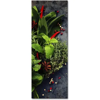 Küchenbild Red Pepper 30 x 80 x 0,4 cm I Glasbild mit Pfefferkörnern und Gewürzen I Panorama Wandbild mit Chili und Kräutern I Wanddeko Home Kunstdruck I Deko Küche Vintage