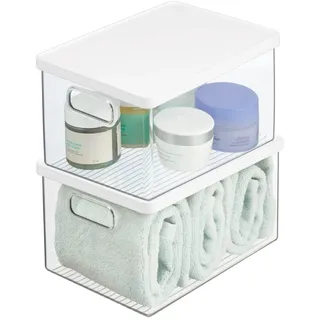 mDesign 2er-Set Badezimmer Organizer – praktische Aufbewahrungsbox aus Kunststoff mit Deckel – stapelbare Bad Box zur Aufbewahrung von Shampoo, Duschgel, Lotionen & Co. – durchsichtig/weiß