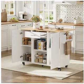 OKWISH Küchenwagen Rollbarer Servierwagen mit Schublade, Schrank & feststellbaren Rädern, (Packung, 1 St), Mobile Kücheninsel 120x43,5x92cm in Weiß-Eiche mit Klapptisch