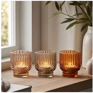 Levandeo® Teelichthalter 3er Set Kerzenglas Teelichthalter Bernstein Beige Orange Windlichter H