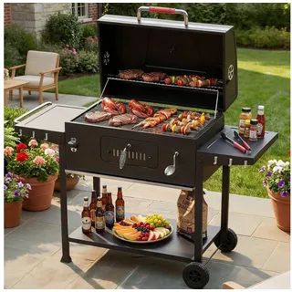 HOMALL Holzkohlegrill XXL Grill Holzkohle, mit Grillzubehör Set, Grillfläche: 71×43cm, Großer Holzkohlegrill mit Rädern, Grillstation mit Warmhaltezone & Belüftung, Klappbarem Lagerregal und Flaschenöffner, Rostbeständig BBQ Grill schwarz
