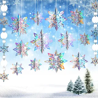 Schneeflocken Deko, JULMELON 15 Stück 3D Schneeflocken Hängende Dekorationen Weihnachten Schneeflocken Deko Irisierend Schneeflocken Ornament für Weihnachten Winter Party Dekorationen