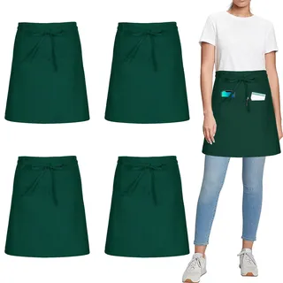 umboom 4 Stück Vorbinder Schürze, Grün Küchenschürze mit 3 Taschen, Kurz Koch Schürzen, Kellnerschürze Grillschürze Baristaschürze Taillenschürze für Herren Damen (Grün - Polybaumwolle)