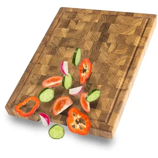 LES LIVING Schneidebrett Eiche Stirnholz 40×30×4 cm – Profi Holzschneidebrett mit Saftrille & Antirutsch-Füße – Klingenschonend – Massives å Küchenbrett aus Eichenholz – Deutsche Marke
