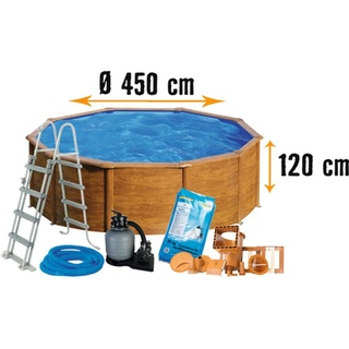 Aufstellpool Stahlwandpool-Set Planet Pool rund Ø 450x120 cm inkl. Sandfilteranlage, Einbauskimmer, Leiter, Filtersand & Anschlussschlauch Holzoptik