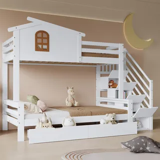 Merax Etagenbett Kinderbett 90/120 x 200 cm, Hochbett Holzbett mit Rausfallschutz, 2 Schubladen, Sicherheitstreppe mit Stauraum, Platzsparendes Stockbett mit Lattenrost & Fenster, Jugendbett, Weiß