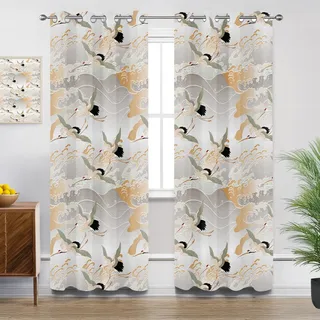 Generisch Blickdichte Gardinen Japanisch - Verdunkelungsvorhang Orientalisch Kran Asiatisch Vorhang mit Ösen für Schlafzimmer Wohnzimmer Kinderzimmer - 2er Set - H175 x B140cm