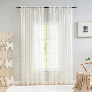 YJ Yanjun Spitzenvorhänge mit Blumenmuster, 243.8 cm lang, 2 Paneele, französisches Landhaus-Shabby-Chic, durchscheinende Vorhänge für Wohnzimmer, Fenster, Lichtfilter, 132x244 cm, elfenbeinfarben