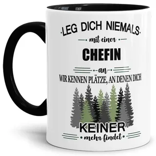 Tassendruck Berufe-Tasse Chefin mit Spruch - Geschenk, Lustig | "Leg dich niemals mit einer Chefin an", Innen & Henkel Schwarz, Büro, Job, Arbeit, Witzig, Keramik, 300 ml